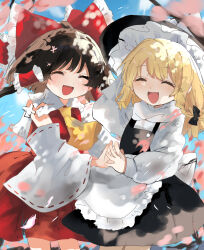 Rule 34 | 2girls, apron, ascot, black hair, blonde hair, bow, braid, closed eyes, detached sleeves, frilled bow, frilled hair tubes, frills, hair bow, hair tubes, hakurei reimu, hat, hat bow, highres, kirisame marisa, multiple girls, open mouth, ramochi, red bow, red skirt, ribbon-trimmed sleeves, ribbon trim, side braid, single braid, skirt, skirt set, touhou, waist apron, white bow, witch hat, yellow ascot