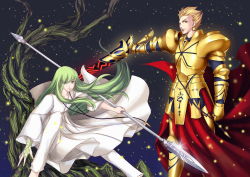 Rule 34 | 2boys, androgynous, armor, blonde hair, chain, ea (fate/stay night), earrings, enkidu (fate), fate/stay night, fate/strange fake, fate/zero, fate (series), gilgamesh (fate), green eyes, green hair, jewelry, lamar1987, light particles, long hair, male focus, multiple boys, polearm, red eyes, robe, spear, sword, tattoo, tree, weapon