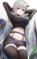 Rule 34 | 1girl, :t, absurdres, arknights, belt, black belt, black shorts, black sweater, black thighhighs, breasts, commentary request, cowboy shot, crop top, grey hair, highres, large breasts, long hair, long sleeves, looking at viewer, midriff, mizuhashi parusui, red eyes, short shorts, shorts, skadi (arknights), skadi (the next afternoon tea) (arknights), solo, standing, sweater, thighhighs, thighs, very long hair