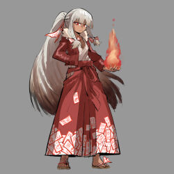 Rule 34 | 1girl, alternate costume, barefoot, feet, fire, fujiwara no mokou, grey background, highres, jacket, kaibootsu, looking at viewer, ofuda, ofuda on clothes, ponytail, red eyes, sandals, simple background, solo, toes, touhou, white hair