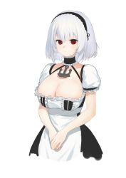 Rule 34 | 1girl, apron, azur lane, black dress, black hairband, blush, breasts, cleavage, closed mouth, dress, hairband, highres, large breasts, light blush, looking at viewer, maid, own hands together, puffy short sleeves, puffy sleeves, red eyes, short hair, short sleeves, simple background, sirius (azur lane), solo, standing, waist apron, wasabi60, white background, white hair