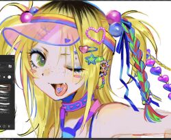 Rule 34 | 1girl, bare shoulders, beads, black hair, blonde hair, blue eyes, blue eyeshadow, blue ribbon, blush stickers, braces girl (yatatashira), braid, collar, ear piercing, eyeshadow, fang, freckles, green hair, hair bobbles, hair extensions, hair ornament, hairclip, heart, highres, long hair, makeup, multicolored hair, necktie, one eye closed, open mouth, original, piercing, red hair, ribbon, skin fang, tongue, tongue out, two-tone hair, two side up, unfinished, white background, yatatashira