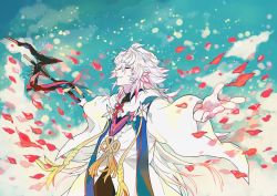 Rule 34 | 1boy, absurdres, ebanoniwa, closed eyes, fate/grand order, fate (series), grin, hair ornament, highres, long hair, male focus, merlin (fate/stay night), outstretched arms, petals, robe, smile, solo, spread arms, staff, very long hair, white hair