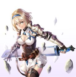 Rule 34 | 1girl, armor, belt, blonde hair, breasts, brown eyes, closed mouth, djeeta (granblue fantasy), fingerless gloves, gauntlets, gloves, granblue fantasy, granblue fantasy: relink, hair between eyes, hairband, holding, holding sword, holding weapon, kuro emimi, looking at viewer, medium breasts, miniskirt, pleated skirt, rock, sheath, sheathed, skirt, smile, solo, sword, thighhighs, v-shaped eyebrows, weapon, white background, white skirt