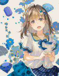 Rule 34 | 1girl, :d, blue bow, blue flower, blue gemstone, blue skirt, bow, brown background, brown eyes, brown hair, collared shirt, commentary request, dress shirt, floral print, flower, gem, hair bow, hair flower, hair ornament, highres, looking at viewer, naruse chisato, open mouth, original, print skirt, shirt, short sleeves, simple background, skirt, smile, solo, steepled fingers, white shirt