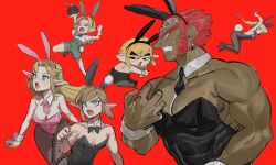 Rule 34 | 2girls, 4boys, angry, animal ears, black leotard, blonde hair, blue eyes, blue leotard, blush, bomb, bow, bowtie, braid, breasts, brown footwear, closed eyes, covered navel, dark skin, detached collar, earrings, explosive, fake animal ears, fake tail, fishnet pantyhose, fishnets, ganondorf, gerudo, green pants, high heels, highleg, highres, jewelry, jumping, leotard, link, long hair, male playboy bunny, mask, medium breasts, multiple boys, multiple girls, muscular, nintendo, open mouth, oshirimarsh, pants, pantyhose, pink leotard, playboy bunny, pointy ears, princess zelda, rabbit ears, rabbit tail, red background, red eyes, red hair, sheik, shirt, shoes, short hair, small breasts, socks, strapless, strapless leotard, super smash bros., sweatdrop, tail, the legend of zelda, the legend of zelda: a link between worlds, the legend of zelda: breath of the wild, the legend of zelda: ocarina of time, the legend of zelda: the wind waker, toon link, traditional bowtie, triforce, white shirt, white socks, wide-eyed, wrist cuffs, yellow eyes, young link