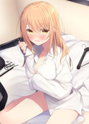 Rule 34 | 1girl, bad id, bad twitter id, bed, blonde hair, blush, breasts, cleavage, collared shirt, embarrassed, highres, indoors, long hair, long sleeves, looking at viewer, on bed, open mouth, original, sasahara wakaba, shirt, sitting, solo, unbuttoned, wariza, white shirt, yellow eyes