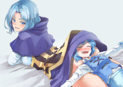 Rule 34 | 2girls, arm support, ass, blue eyes, blue hair, blush, capelet, closed eyes, commentary request, half-closed eyes, happy, head on ass, head under another&#039;s clothes, head under skirt, height difference, highres, hood, hood down, hooded capelet, kumoi ichirin, long sleeves, looking at another, looking back, lying, lying on person, medium hair, multiple girls, nose blush, on back, on stomach, open mouth, outstretched arms, shirt, short hair, skirt, smile, spread arms, tatara kogasa, touhou, under another&#039;s clothes, vest, yohane
