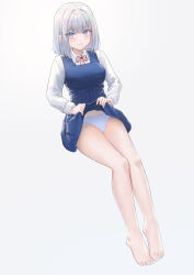 Rule 34 | 1girl, bare legs, barefoot, blue dress, blue eyes, blue nails, blush, bob cut, breasts, closed mouth, clothes lift, collared shirt, commentary request, dress, dress lift, eyelashes, feet, full body, grey background, grey hair, highres, invisible chair, leaning back, legs, legs together, lifted by self, lim (ramu), long sleeves, medium breasts, medium hair, nail polish, neck ribbon, original, panties, pleated dress, red ribbon, ribbon, shirt, short dress, simple background, sitting, sleeveless, sleeveless dress, solo, toenail polish, toenails, toes, underwear, white panties, white shirt