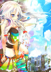 Rule 34 | 1girl, bad leg, bird, blue eyes, braid, breasts, building, cleavage, cloud, day, gears, highres, ia (vocaloid), long hair, medium breasts, nail polish, single thighhigh, sitting, sky, smile, solo, stairs, thighhighs, togashi (choco-bakama kitchen), torn clothes, torn thighhighs, twin braids, vocaloid, white hair