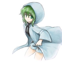 Rule 34 | androgynous, anmita (rarutos), bad id, bad twitter id, gender request, green eyes, green hair, highres, hood, hooded jacket, hoodie, jacket, len&#039;en, matching hair/eyes, necktie, puffy pants, puffy shorts, shitodo aoji, short hair, shorts, simple background, smile, solo