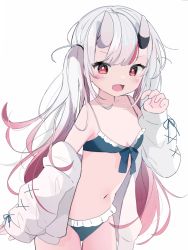 Rule 34 | 1girl, bikini, bikini under clothes, black bikini, breasts, fang, gradient hair, hand to own mouth, highres, hololive, horns, jacket, long hair, multicolored hair, nakiri ayame, navel, no pants, nocchi (r ws2l), off shoulder, oni, open clothes, open jacket, open mouth, pink hair, red eyes, simple background, skin-covered horns, small breasts, smile, solo, swimsuit, thighs, twintails, virtual youtuber, white background, white hair, white jacket