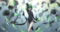Rule 34 | 1girl, arm up, black dress, breasts, character name, covered navel, crossed legs, curly hair, dress, floating clothes, floating hair, glowing, green eyes, green hair, highres, long sleeves, looking at viewer, one-punch man, open mouth, pelvic curtain, short hair, small breasts, solo, tatsumaki, telekinesis, wangchuan de quanyan, watson cross, wind, wind lift