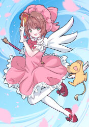 Rule 34 | 1girl, :d, beret, bow, brown hair, card, cardcaptor sakura, clow card, dress, full body, fuuin no tsue, giorgio (yo sumire sola1), gloves, green eyes, hat, highres, holding, holding card, holding wand, kero (cardcaptor sakura), kinomoto sakura, looking at viewer, magical girl, open mouth, pantyhose, pink dress, pink headwear, puffy short sleeves, puffy sleeves, red bow, red footwear, shoes, short sleeves, smile, wand, white gloves, white pantyhose, wings