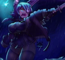 Rule 34 | 1girl, black jacket, breasts, checkered clothes, checkered neckwear, clenched hand, eyepatch, flare, fur-trimmed jacket, fur trim, glowing, headgear, highres, jacket, joeydrawss, kantai collection, large breasts, looking away, night, night sky, nose, open mouth, pointing, rain, sharp teeth, shirt, short hair, signature, skirt, sky, sleeveless, sleeveless shirt, sword, teeth, tenryuu (kancolle), thick thighs, thighhighs, thighs, water, weapon, white shirt, yellow eyes