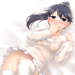 Rule 34 | 10s, 1girl, apron, black eyes, black hair, blush, bottomless, breasts, covered erect nipples, covering own mouth, groin, hair ribbon, houshou (kancolle), kantai collection, kappougi, long hair, personification, ponytail, ribbon, small breasts, solo, thighhighs, white thighhighs, yoshi tama
