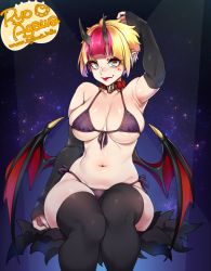 Rule 34 | 1girl, agawa ryou, armpits, artist name, bad id, bad tumblr id, belly, bikini, black thighhighs, blonde hair, breasts, collar, commentary, demon girl, demon wings, detached sleeves, fang, green eyes, horns, large breasts, lipstick, looking at viewer, low wings, makeup, multicolored eyes, multicolored hair, navel, orange eyes, original, pink hair, purple bikini, side-tie bikini bottom, signature, sitting, skindentation, slit pupils, smile, solo, star (symbol), starry background, swimsuit, thighhighs, thighs, two-tone hair, wings