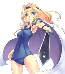 Rule 34 | 1990s (style), 1girl, 2007, armband, armor, blonde hair, blue eyes, blue headwear, blue one-piece swimsuit, cape, celes chere, covered navel, detached collar, final fantasy, final fantasy vi, floating hair, foreshortening, headband, long hair, looking at viewer, mikage sekizai, one-piece swimsuit, open mouth, parted lips, retro artstyle, shoulder armor, solo, swimsuit, sword, weapon, white cape