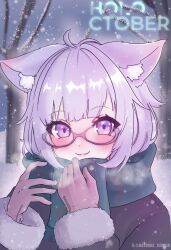 1girl :3 absurdres adjusting_scarf ahoge alternate_costume animal_ear_fluff animal_ears black_coat blush breath cat_ears cat_girl closed_mouth coat fur-trimmed_sleeves fur_trim glasses gloves highres hololive katrala long_sleeves looking_at_viewer nekomata_okayu outdoors pink_gloves plaid_clothes plaid_scarf purple_eyes purple_hair scarf short_hair smile snow snowing solo tree twitter_username upper_body virtual_youtuber winter winter_clothes