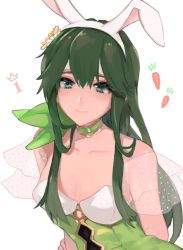 Rule 34 | 1girl, arm behind back, breasts, choker, cleavage, collarbone, commentary request, dress, eyelashes, fire emblem, fire emblem: mystery of the emblem, fire emblem: shadow dragon, fire emblem heroes, flower, green choker, green dress, green eyes, hair flower, hair ornament, highres, leotard, long hair, medium breasts, nintendo, palla (fire emblem), playboy bunny, see-through, see-through sleeves, sidelocks, simple background, solo, strapless, upper body, w (1999 kyu), white background
