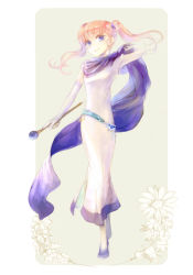 Rule 34 | 1girl, adjusting clothes, arm up, belt, blonde hair, blue eyes, breasts, dress, elbow gloves, fire emblem, fire emblem: the blazing blade, flower, full body, gloves, kuzumosu, long hair, looking at viewer, nintendo, pink hair, scarf, serra (fire emblem), shoes, small breasts, smile, solo, staff, standing, twintails, white gloves