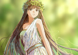 1girl bare_shoulders blurry breasts brown_eyes brown_hair commentary_request depth_of_field dress edaori fate/strange_fake fate_(series) highres laurel_crown long_hair looking_afar medium_breasts outdoors shamhat_(fate) solo sunlight very_long_hair white_dress