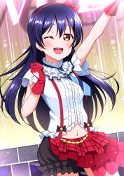 Rule 34 | 1girl, absurdres, blue hair, blush, bokura wa ima no naka de, clothing cutout, cowboy shot, earrings, fingerless gloves, gloves, haruharo (haruharo 7315), heart cutout, highres, jewelry, long hair, looking at viewer, love live!, love live! school idol project, navel, one eye closed, open mouth, outstretched arm, red gloves, short sleeves, skirt, smile, solo, sonoda umi, swept bangs, yellow eyes
