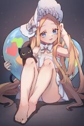 Rule 34 | 1girl, abigail williams (fate), abigail williams (swimsuit foreigner) (fate), abigail williams (swimsuit foreigner) (first ascension) (fate), abigail williams (swimsuit foreigner) (third ascension) (fate), bare shoulders, barefoot, bikini, black cat, blonde hair, blue eyes, blush, bonnet, bow, breasts, cat, fate/grand order, fate (series), feet, forehead, hair bow, highres, innertube, knees up, legs, long hair, looking at viewer, miniskirt, miya (miyaruta), open mouth, parted bangs, sidelocks, sitting, skirt, small breasts, smile, swim ring, swimsuit, toes, twintails, very long hair, white bikini, white bow, white headwear