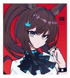 Rule 34 | 1girl, absurdres, amiya (arknights), animal ears, arknights, barcode, blue nails, blue neckerchief, border, bracelet, brown hair, closed mouth, grey eyes, highres, jewelry, long hair, looking at viewer, lulu (15183338668), nail polish, neckerchief, ponytail, rabbit ears, ring, shirt, short sleeves, solo, white border, white shirt