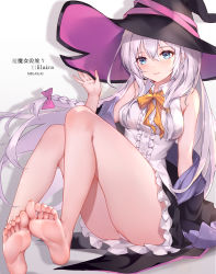 Rule 34 | 1girl, bare legs, barefoot, black coat, black robe, blue eyes, coat, elaina (majo no tabitabi), feet, hat, highres, hooded robe, legs, long hair, looking at viewer, majo no tabitabi, melailai, open clothes, open robe, ribbon, robe, shirt, silver hair, simple background, soles, toes, white background, white shirt, witch, witch hat, yellow neckwear, yellow ribbon