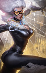 Rule 34 | 1girl, absurdres, black bodysuit, black cat (marvel), bodysuit, breasts, building, cityscape, cleavage, dimas jfg, domino mask, felicia hardy, highres, jewelry, long hair, looking at viewer, marvel, mask, medium breasts, necklace, outdoors, rain, silk, spider-man (series), spider web, white hair