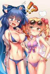 Rule 34 | !?, 2girls, alternate breast size, areola slip, bangle, bare arms, bare shoulders, bikini, bikini pull, blonde hair, blue bikini, blue bow, blue eyes, blue hair, blush, bow, bracelet, breast envy, breasts, cleavage, clothes pull, collarbone, commentary request, covered erect nipples, drill hair, embarrassed, eyewear on head, gluteal fold, hair bow, hair ribbon, halterneck, hand on own hip, highres, jewelry, large breasts, medium breasts, multiple girls, navel, open mouth, purple bikini, red ribbon, ribbon, see-through, shiratsuki shiori, siblings, simple background, sisters, stomach, string bikini, sunglasses, swimsuit, tears, touhou, twin drills, yellow eyes, yorigami jo&#039;on, yorigami shion