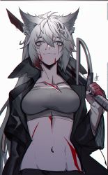 Rule 34 | 1girl, absurdres, animal ears, arknights, bandeau, black jacket, blood, blood in hair, blood on face, blood on hands, breasts, commentary, distr, english commentary, gloves, grey eyes, hair between eyes, hair ornament, hairclip, highres, holding, holding sword, holding weapon, jacket, lappland (arknights), long hair, long sleeves, navel, over shoulder, scar, scar across eye, scar on face, silver hair, smile, solo, stomach, sword, sword over shoulder, upper body, weapon, weapon over shoulder, white background, wolf ears