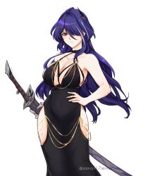 Rule 34 | 1girl, acheron (honkai: star rail), alternate costume, bare arms, bare shoulders, black dress, breasts, cleavage, commentary, cowboy shot, dress, hair ornament, hair over one eye, highres, holding, holding sword, holding weapon, honkai: star rail, honkai (series), katana, large breasts, long hair, looking at viewer, purple eyes, purple hair, scabbard, sheath, sheathed, sierra117renner, simple background, sleeveless, sleeveless dress, solo, standing, sword, very long hair, weapon, white background