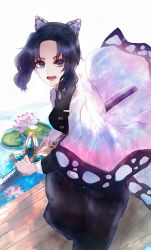Rule 34 | 1girl, bad id, bad pixiv id, black hair, butterfly hair ornament, ellen6468, fighting stance, hair ornament, haori, highres, holding, holding sword, holding weapon, japanese clothes, kimetsu no yaiba, kochou shinobu, lily pad, looking at viewer, open mouth, ready to draw, sheath, sheathed, sidelocks, solo, sword, teeth, uniform, water, weapon