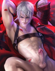 Rule 34 | 1boy, abs, armpits, arms behind head, blue eyes, coat, dante (devil may cry), devil may cry (series), highres, looking at viewer, male focus, navel, open clothes, open coat, penis, petals, red coat, red theme, sakimichan, short hair, smile, solo, uncensored, unzipped, upper body, white hair
