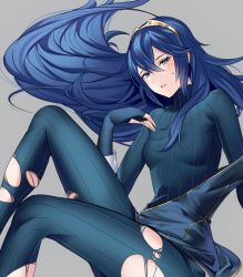 Rule 34 | 1girl, ameno (a meno0), blue eyes, blue hair, breasts, fire emblem, grey background, lucina (fire emblem), matching hair/eyes, monochrome background, nintendo, pantyhose, small breasts, tagme, tiara, torn clothes