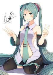 Rule 34 | 1girl, :3, :d, adapted costume, aqua necktie, black legwear, blue eyes, blue hair, blush, collared shirt, detached sleeves, double v, eyebrows, facial tattoo, fingernails, full body, grey shirt, grin, hatsune miku, headset, highres, long hair, long sleeves, looking at viewer, matching hair/eyes, necktie, open clothes, open mouth, open shirt, plan (planhaplalan), pleated skirt, shirt, signature, simple background, sitting, skirt, sleeveless, sleeveless shirt, smile, smiley face, solo, striped, tattoo, teeth, throat microphone, twintails, v, vertical stripes, very long hair, vocaloid, wariza, white background, wing collar