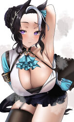 Rule 34 | 1girl, absurdres, animal ears, arm up, armpits, ascot, black garter straps, black hair, black skirt, black thighhighs, blue ascot, blush, breasts, cleavage, closed mouth, commentary request, ear ornament, frilled skirt, frills, garter straps, hair bun, highres, horse ears, horse girl, horse tail, jacket, jacket partially removed, large breasts, looking at viewer, mejiro ramonu (umamusume), miniskirt, multicolored hair, po musubi, purple eyes, short hair, simple background, single thighhigh, skirt, solo, streaked hair, tail, thighhighs, umamusume, visible air, white background, white hair