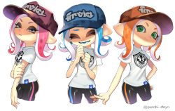 Rule 34 | bike shorts, blue hair, cephalopod eyes, commentary, fangs, green eyes, grey eyes, hat, highres, nintendo, octoling, octoling girl, octoling player character, orange hair, pink hair, pointy ears, puchiman, shirt, single vertical stripe, splatoon (series), splatoon 2, splatoon 2: octo expansion, suction cups, t-shirt, tentacle hair