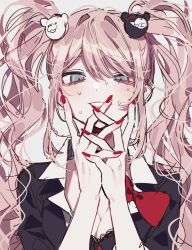 Rule 34 | 1girl, 3j dangan, bear hair ornament, black shirt, blue eyes, bow, bra, breasts, cleavage, danganronpa: trigger happy havoc, danganronpa (series), enoshima junko, grey background, hair ornament, hands up, highres, long hair, messy hair, nail polish, necktie, parted lips, red bow, red nails, shirt, simple background, skirt, smile, solo, sweat, teeth, twintails, underwear, upper body