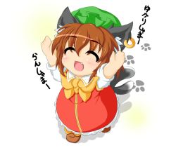 Rule 34 | 1girl, animal ears, bad id, bad pixiv id, blush, bow, brown hair, cat ears, cat girl, cat tail, chen, closed eyes, dress, ear piercing, earrings, fang, female focus, hat, jewelry, kokujuuji, multiple tails, nekomata, open mouth, outstretched arms, paw print, piercing, red dress, shirt, short sleeves, simple background, single earring, smile, solo, tail, touhou, translated, white background