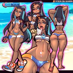 Rule 34 | 1girl, absurdres, aikanorin, armlet, arms up, ass, bare shoulders, barefoot, beach, bike shorts, black hair, blue eyes, blue hair, breasts, butt crack, cameltoe, chibi, closed mouth, creatures (company), crop top, dark skin, day, earrings, feet, food, from behind, full body, game freak, gloves, gluteal fold, hair bun, highres, hoop earrings, ice cream, ice cream cone, jewelry, legs, lips, long hair, looking at viewer, looking to the side, medium breasts, multicolored hair, multiple views, narrow waist, naughty face, navel, nessa (pokemon), nintendo, ocean, open mouth, pokemon, pokemon swsh, short shorts, shorts, single glove, single hair bun, sketch, sky, slippers, standing, teeth, thong, tongue, tongue out, two-tone hair, underboob, upper teeth only