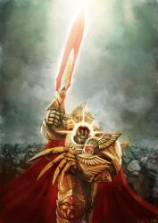 Rule 34 | adeptus custodes, armor, cape, cloud, dark clouds, emperor of mankind, gold armor, holding, holding sword, holding weapon, huge weapon, lutherniel, monochrome background, red cape, sword, warhammer 40k, weapon