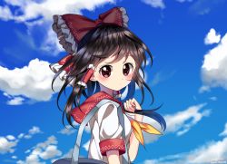 Rule 34 | alternate costume, artist name, bag, blush, bow, brown hair, cloud, commentary, dated, hair bow, hair tubes, hakurei reimu, hand up, kimautomne, long hair, looking at viewer, neckerchief, red bow, red eyes, sailor collar, shirt, short sleeves, shoulder bag, touhou, upper body, white shirt, yellow neckerchief