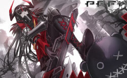 Rule 34 | 1girl, bad id, bad pixiv id, black eyes, black hair, commentary request, horns, infukun, long hair, pixiv fantasia, pixiv fantasia fallen kings, solo, very long hair, weapon