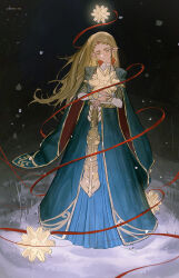 Rule 34 | 1girl, akihare, artist name, black background, blonde hair, blue dress, braid, braided bangs, bridal gauntlets, christmas ornaments, commentary, crown braid, dress, english commentary, feathers, floating hair, gold trim, head tilt, highres, light particles, light smile, long hair, long sleeves, nintendo, pointy ears, princess zelda, red ribbon, ribbon, snow, snowing, solo, standing, the legend of zelda, the legend of zelda: breath of the wild, very long hair, wide sleeves