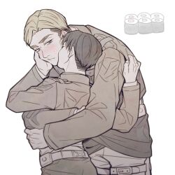 Rule 34 | 2boys, hug, belt, black hair, blonde hair, blush, brown jacket, closed eyes, cropped jacket, erwin smith, food, g321377377, hand on another&#039;s cheek, hand on another&#039;s face, heart, jacket, levi (shingeki no kyojin), looking at another, male focus, multiple boys, parted bangs, shingeki no kyojin, short hair, sushi, thick eyebrows, upper body, white background, yaoi