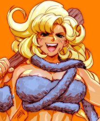 Rule 34 | 1girl, ayla (chrono trigger), bad id, bad twitter id, blonde hair, blue eyes, breasts, chrono trigger, cleavage, club (weapon), curly hair, fang, fur bikini, highres, large breasts, long hair, open mouth, orange background, robaato, solo, strapless, tail, tribal, tube top, upper body, uvula, weapon