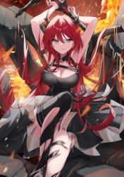 Rule 34 | 1girl, arknights, black collar, black dress, black thighhighs, breasts, cleavage, collar, demon horns, detached collar, dress, highres, horns, large breasts, long hair, purple eyes, red hair, saiko (saisaka), smirk, solo, surtr (arknights), thighhighs, torn clothes, torn thighhighs, v-shaped eyebrows